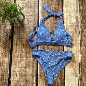 Shein small 2 piece bikini light blue with white polka dots